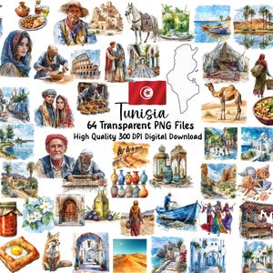 May include: Watercolor illustrations of Tunisia, featuring people, architecture, food, and landscapes. Includes a Tunisian flag, map, and text: "Tunisia 64 Transparent PNG Files High Quality 300 DPI Digital Download."