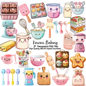 Conjunto de imágenes prediseñadas de repostería kawaii, lindas pegatinas para repostería, PNG, uso comercial