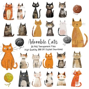 Cat Clipart, Whimsical Feline Bundle, Animal Images, Journals, Greeting Cards, Invitations, Crafts, Scrapbooks, PNG