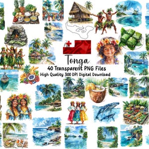 Op de afbeelding: Een verzameling aquarel illustraties met scènes uit Tonga. De afbeeldingen bevatten tropische landschappen, mensen in traditionele kledij, eten en de Tonga-vlag. Tekst luidt: "Tonga 40 Transparent PNG Files High Quality 300 DPI Digital Download."