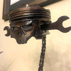 Piston &quot;Skull&quot; Lamp with Roller Chain Stem and Harmonic Balancer Base . Unique Car Part Art Decor great gift for dad husband gear head