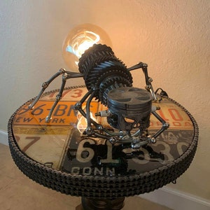 Piston Skull Spider Lamp - Car part art, car part decor -Up cycled - Steampunk - Industrial. Great gift for dad, husband, gear head
