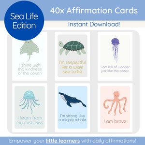 Cartes d'affirmation positive sur le thème de Sea Life Ocean pour enfants, bébé, tout-petits, préscolaire, imprimables, à télécharger, instantanées