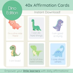 Tarjetas de afirmación de dinosaurios para niños pequeños, aprendizaje preescolar, diálogo interno positivo, aula, guardería, arte imprimible, descarga digital