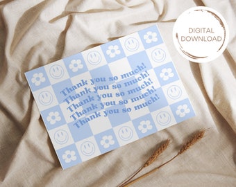 Printable Cute Retro Sky Blue Checkerboard Thank You Card Instant Download