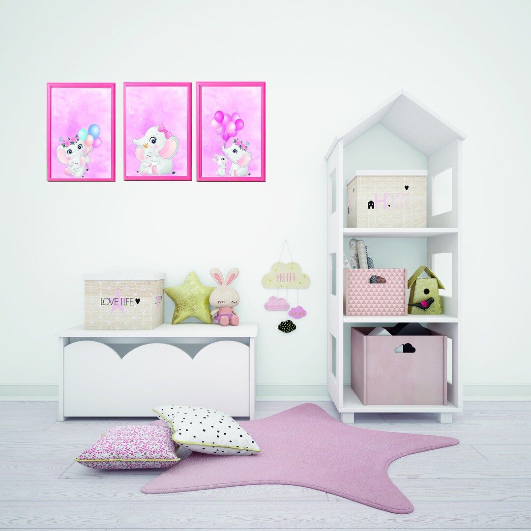 Baby Girl Elephant Wall Art, Pink Nursery Print, Baby Animal Prints