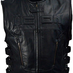 Men's Skull Slim Fit Icon Black Motorcycle Biker Leather Vest Jacket - Etsy