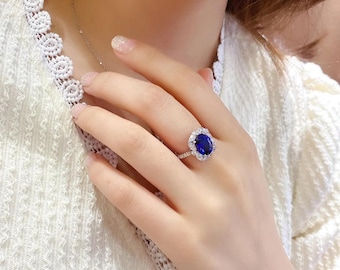 Anillo de compromiso ovalado con halo de zafiro creado en laboratorio, anillo de promesa floral de inspiración vintage con circonita marquesa.