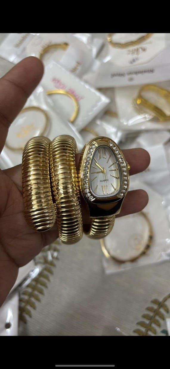 Gold Snake Watch, Elegant Women's Wristwatch, Unique Design, Crystal Accents