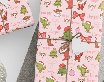 Personalized Western Pink Christmas Wrapping Paper, Girly Pink Cowgirl Christmas Wrapping Paper Roll, Pink Western Christmas Wrapping Paper