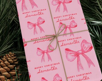 Pink Bow Wrapping Paper Roll, Personalized Name Pink Christmas Gift Wrap, Girly Christmas Wrapping Paper, Pretty Christmas Wrapping Paper
