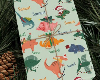 Personalized Little Boy Christmas Dinosaurs Wrapping Paper, Christmas Green Dino Kids Gift Wrapping, Custom Name Boy Dino Wrapping Paper,