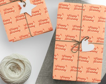 Happy Birthday Wrapping Paper Roll, Retro Orange Birthday Gift Wrap, Retro Birthday Wrapping Paper Roll, Orange Birthday Wrapping Paper