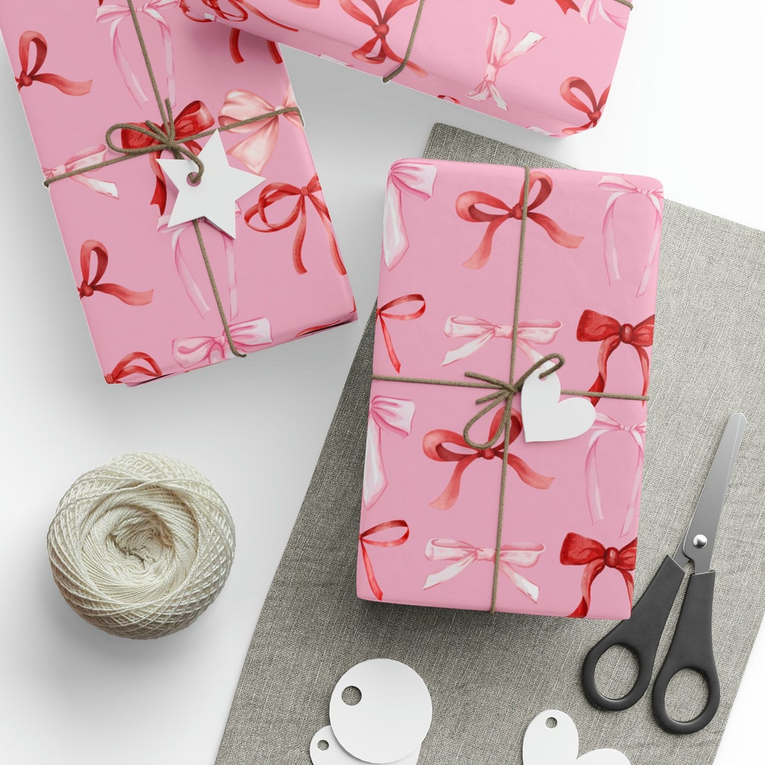 Pink and Red Bow Wrapping Paper Roll, Girly Wrapping Paper, Pink