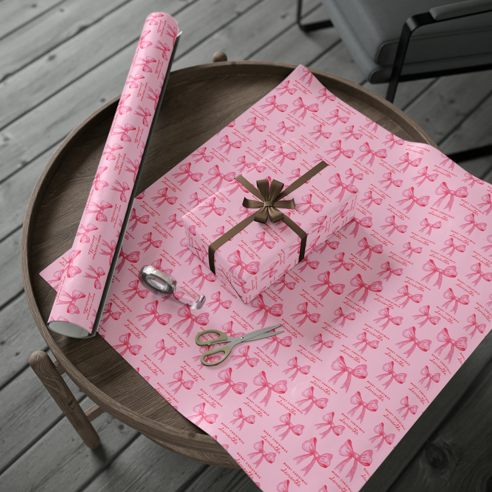 Pink Bow Wrapping Paper Roll, Personalized Name Pink Christmas Gift ...