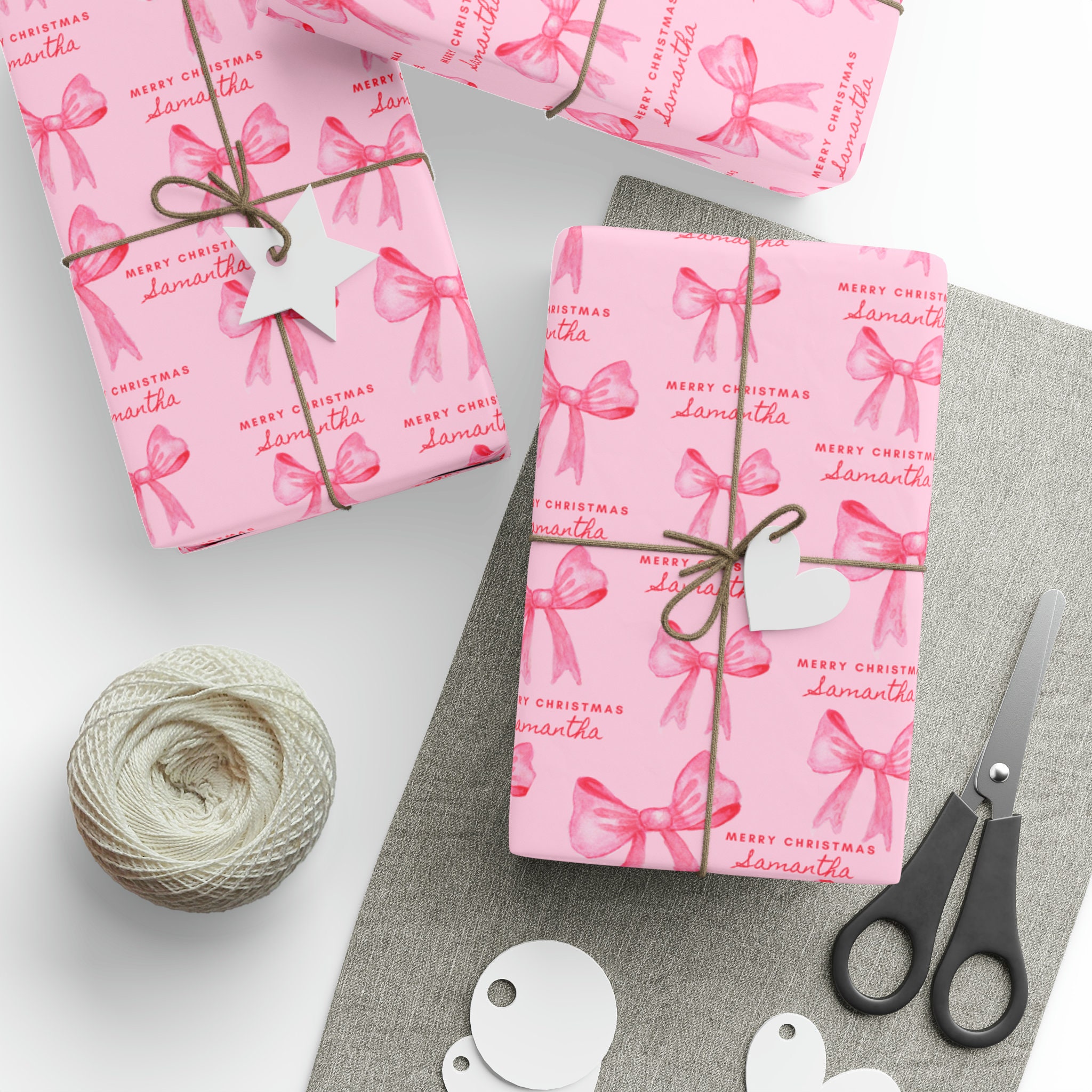 Pink Bow Wrapping Paper Roll, Personalized Pink Christmas Gift Wrap