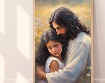 Jesus Hugging Little Girl Wall Art | Jesus Loves |  Jesus Portrait  | Jesus Nursery Art| | Christian Home Decor | Daughter of the King