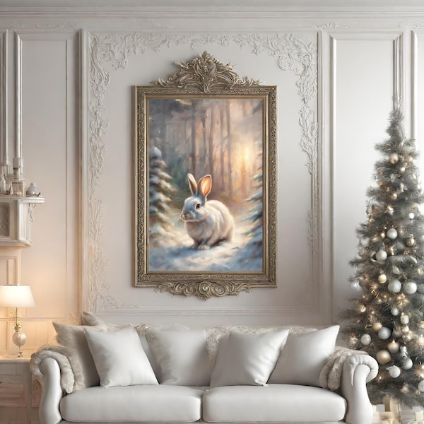 Winter Wonderland Christmas Rabbit Wall Art Printable | Charming Winter Animal Decor| Woodland Animal | Oil Painting Print | Christmas Decor