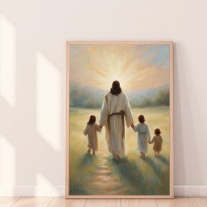 Jesus Walking with Children Wall Art | Jesus and Three Children |  Jesus Portrait  | Jesus Nursery Art| | Christian Home Decor | Jesus Art