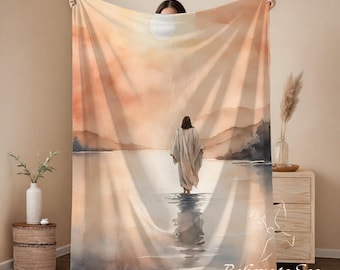 Jesus Walking on Water Blanket, Peaceful Christian Fleece Throw, Watercolor Faith Blanket, Religious Gift for Home or Prayer Room