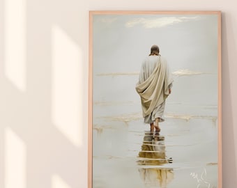 Minimalist Jesus Walking on Water Print | Christian Wall Art | Yeshua Monochrome Spiritual Decor | Neutral Bible Verse Printable