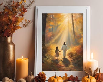 Jesus Walking with Girl Wall Art | Jesus and Child |  Jesus Portrait  | Jesus Nursery Art| | Christian Home Decor | Fall Wall Art