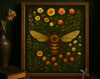 Dark Cottagecore Bee Printable Wall Art, Moody Bee Botanical Decor, Gothic Vintage Bee Poster, Boho Farmhouse Digital Download