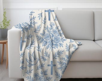 Christian Toile Blanket - Blue and White Throw,  Velveteen Blanket, Bible Verse Throw Blanket, Christian Home Decor, Gift for Women
