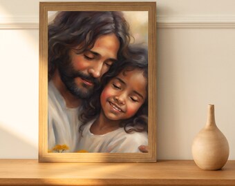 Jesus Embracing Little Girl Wall Art | Jesus Loves | Christian Nursery Art| | Christian Home Decor | Daughter of the King, Jesus Smiling