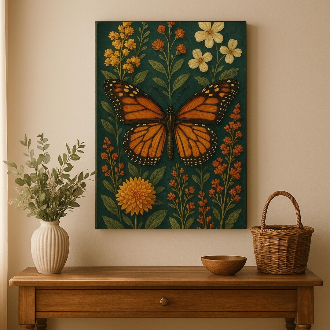 Vintage Butterfly Botanical Canvas Print – Monarch Wall Art, Wildflower ...
