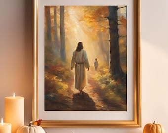 Jesus Walking with Child Wall Art | Jesus and Child |  Jesus Portrait  | Jesus Nursery Art| | Christian Home Decor | Fall Wall Art