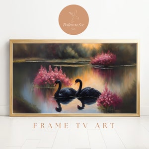 Romantic Black Swans Swimming in Pond Frame TV Art - Cottagecore Aesthetic Digital Art for Samsung Frame TV - Instant Download