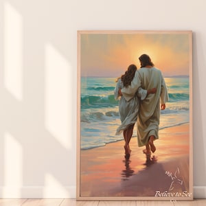 Jesus and Woman Walking on Beach Printable Wall Art – Christian Digital Download, Faith-Based Home Decor, Scripture Inspired Art Print
