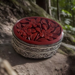 Antique Chinese Lacquer Sterling Silver Trinket Box Red Carved Ming