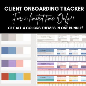 May include: A digital download of a client onboarding tracker template in four different color themes: gray, blue, purple, and orange. The template is designed for use in Google Sheets and includes sections for client information, onboarding tasks, and deadlines.