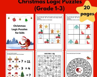 Può includere: Un set di 20 puzzle di logica natalizia stampabili per bambini di 1a-3a elementare. I puzzle includono una varietà di attività, come trovare il valore delle forme, risolvere problemi di addizione e sottrazione e completare un'attività di "Io vedo" natalizia. C'è anche un labirinto con Babbo Natale.