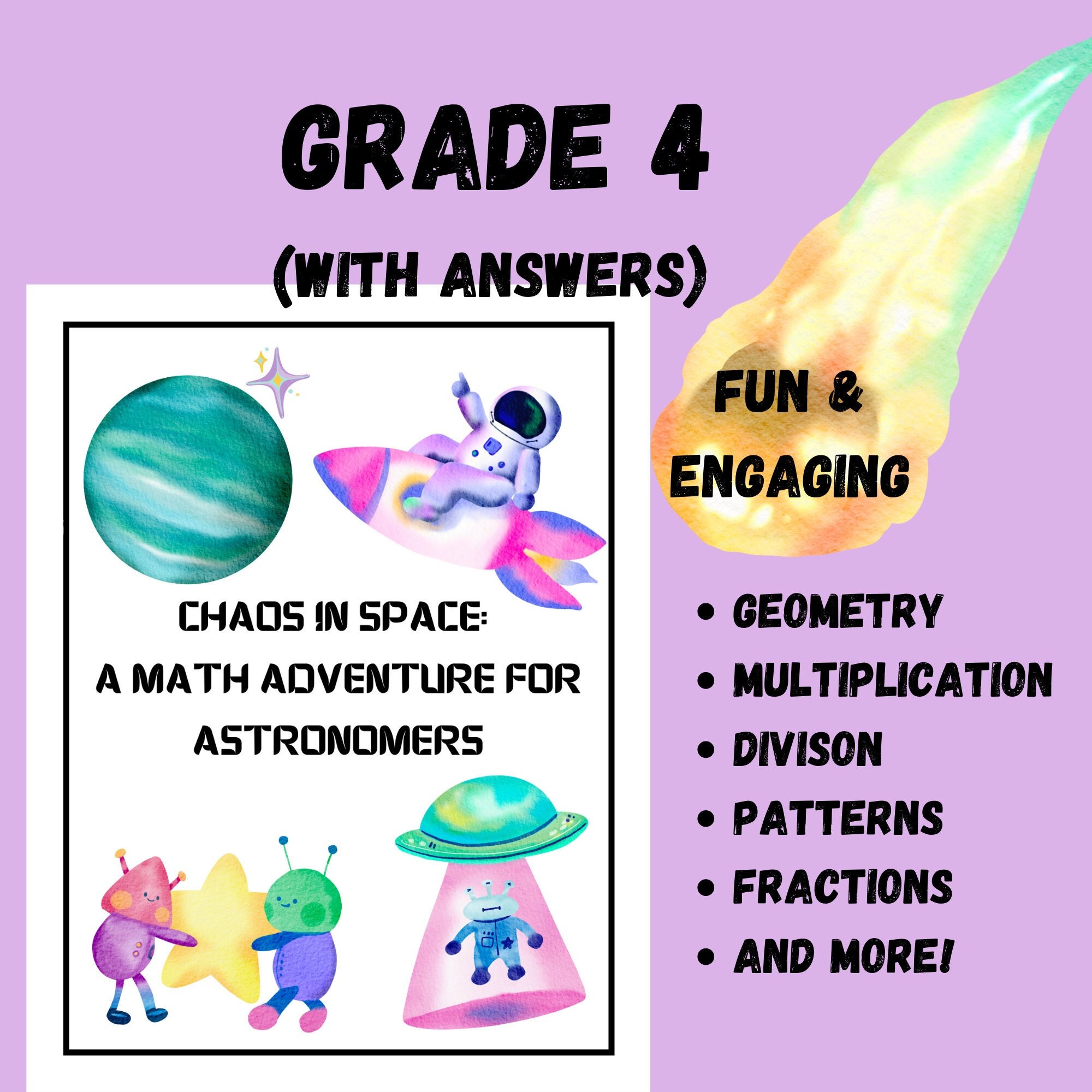 Math Adventure Worksheet for Grade 4 students | Space themed math worksheet | Crack the code| Geometry, multiplication, fraction, pattern |