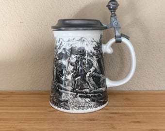 VILLEROY & BOCH METTLACH Artemis Der Jäger Beer Mug / Stein 0.5 Liters with Pewter Lid Made in Germany - Preowned