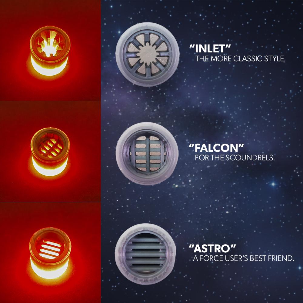 May include: A promotional image featuring three different designs of a circular product, each with a unique internal structure and a glowing orange light. The text reads "INLET", "FALCON", and "ASTRO", with accompanying descriptions. The background is a starry night sky.