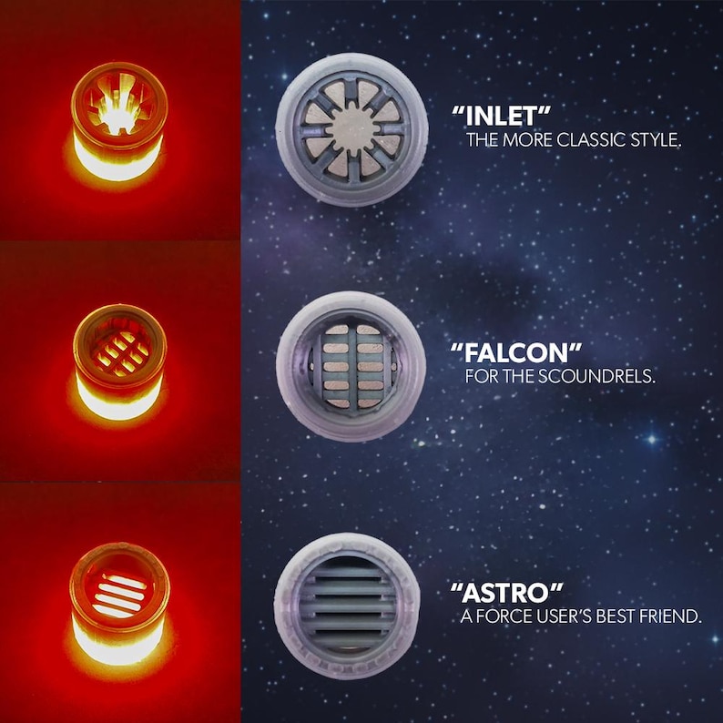 May include: A promotional image featuring three different designs of a circular product, each with a unique internal structure and a glowing orange light. The text reads "INLET", "FALCON", and "ASTRO", with accompanying descriptions. The background is a starry night sky.