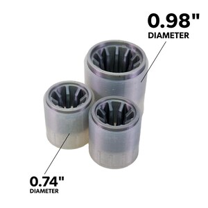 May include: Three cylindrical metal objects with a ridged interior. The largest has a diameter of 0.98 inches, and the smallest has a diameter of 0.74 inches. The text "DIAMETER" is included in the image.