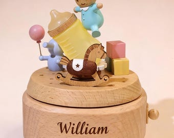 Personalized Baby Music Box with Night Light, Engraved Name & Birth Date, Newborn Gift, Wooden Nursery Keepsake, Baby Shower Gift