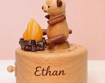 Personalized Bear Bonfire Music Box | Glowing Campfire | Engraved Name Gift | Camping Gift