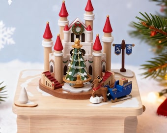 Christmas Castle Wooden Music Box | Rotating Reindeer Car | Maple Wood | “We Wish You a Merry Christmas” Melody | Perfect Christmas Gift