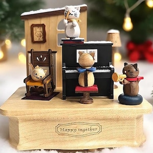 Cat Piano Music Box | Engraved Name  |  Maple Wood Rotating Music Box |  Perfect for Birthdays, Christmas, and Music  Lovers