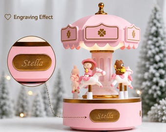 Personalized Carousel Music Box • LED Light • Custom Name Engraved • Baby Girl Gift • Baby Shower Gift • Nursery Decor • Baptism Gift