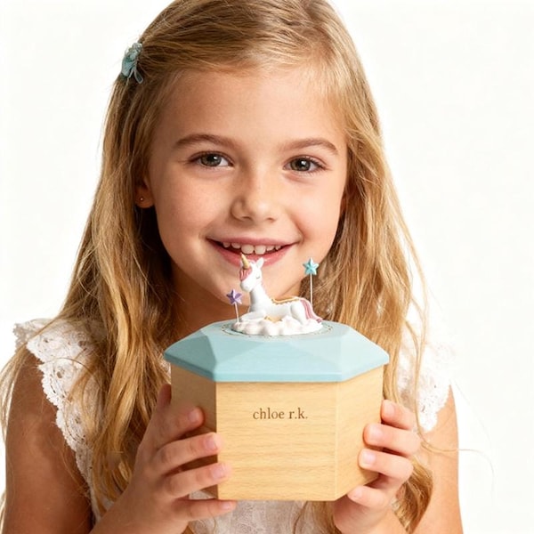 Joyero musical personalizado con unicornio y carrusel: recuerdo para recién nacidas y niñas - Caja del Hada de los Dientes