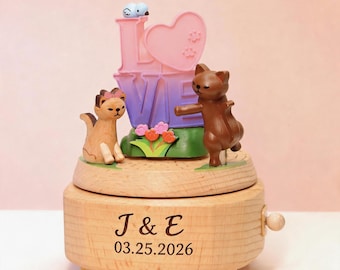 Personalized Cat Couple Music Box | Rotating LED Love Scene | Engraved Name Gift | Wedding Valentine Gift