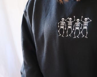 Embroidered 'Small Dancing Skeletons' Hoodie or Crew Neck, Long Sleeve, Classic fit, Unisex, Adult