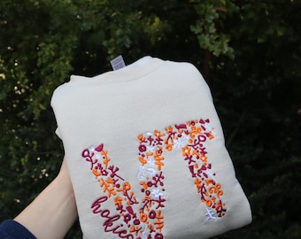 Embroidered "VT Floral College" Hoodie or Crew Neck, Long Sleeve, Classic fit, Unisex, Adult